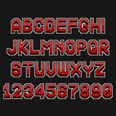 Pixel font. Retro alphabet for computer games, web sites. Vector letters and numbers.