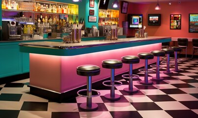  a brightly lit bar with stools and a checkerboard floor in front of a television screen and a neon colored bar with neon lights.  generative ai