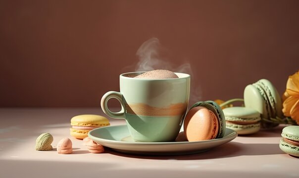  a cup of coffee with some macaroons and a flower on the table next to it and a plate with macaroons on it.  generative ai