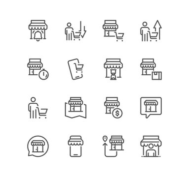 Set of shop management related icons, increase sales, supermarket, boutique, showroom building and linear variety vectors.
