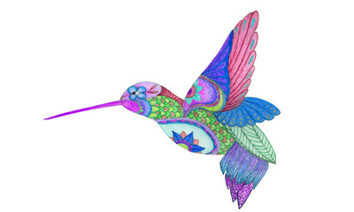 Hand painted Hummingbird illustration. Colorful design. Zentagle style. Hand drawn illustration.	