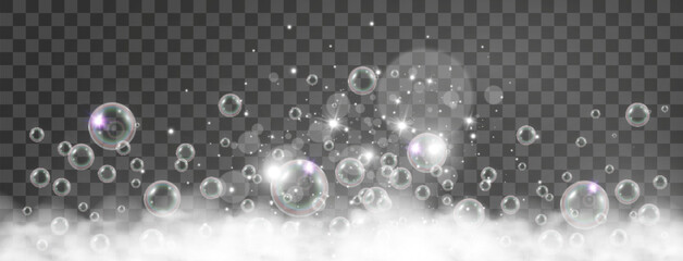 Air bubbles on a transparent background. Soap foam vector illustration.	

