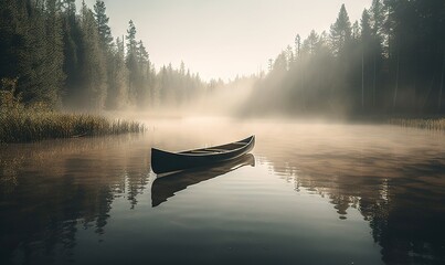  a canoe is sitting on a calm lake in the foggy morning light of the morning with the sun shining through the trees and fog.  generative ai