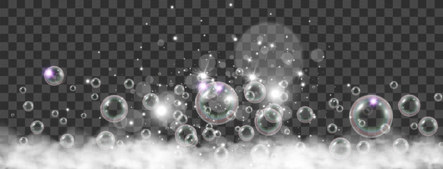Air bubbles on a transparent background. Soap foam vector illustration.	

