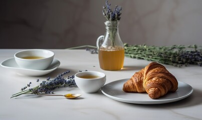 Fototapeta na wymiar a croissant on a plate next to a cup of tea and a vase with lavender on a marble table top with lavenders. generative ai