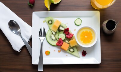  a white plate topped with sliced fruit and a bowl of oranges next to a fork and a glass of orange juice on a wooden table.  generative ai