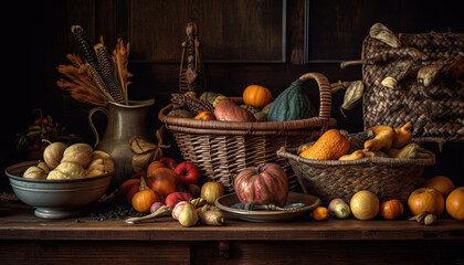 Obraz na płótnie Canvas Autumn harvest rustic basket of organic gourds and pumpkins generated by AI