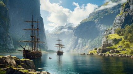 Obraz premium Majestic landscape with towering cliffs, icy waters, and ancient ruins nestled within the rugged terrain