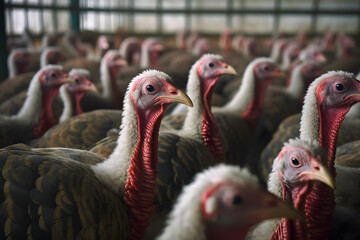 Poultry farm turkey in industrial rearing for meat food industry. Generative AI. - obrazy, fototapety, plakaty