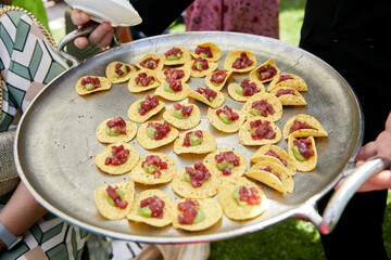 papitas, entrada, catering, copetín, fresco, carne, carne cruda, carne condimentada, aguacate, palta, cebolla