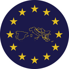Badge of Outline Map of South Europe countries in colors of EU flag