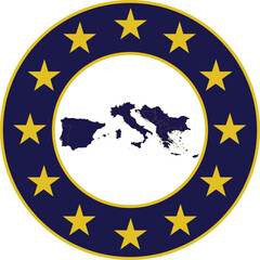 Badge of Blue Map of South Europe countries in colors of EU flag