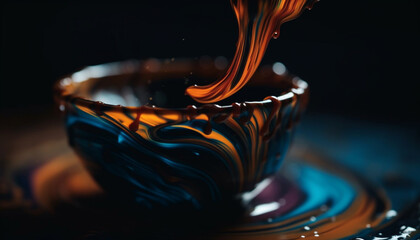 Chocolate dessert pouring into pottery bowl, splashing liquid refreshment generated by AI