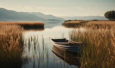  a small boat sitting in the middle of a lake surrounded by tall grass and tall grass covered mountains in the distance are in the distance.  generative ai