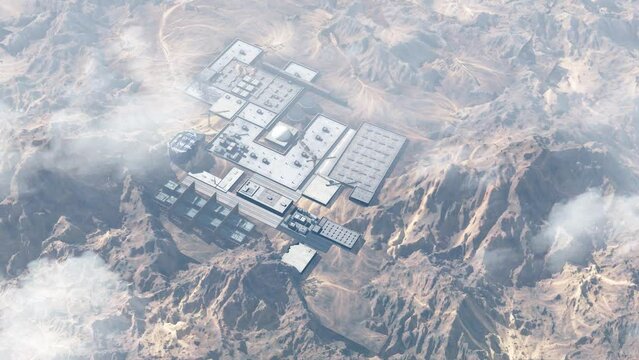 Nuclear facility hidden in the desert with mountains, Aerial
Drone view over nuclear plant surrounded by mountains in the desert, 4K,2023 
