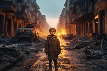 Kid walking on the street of a city destroyed by war. Ai generated.