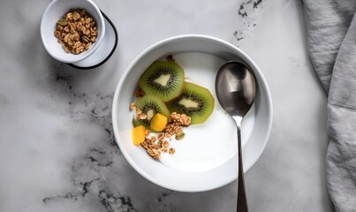  a bowl of cereal and a bowl of fruit on a marble counter top with a spoon and a bowl of granola on the side.  generative ai