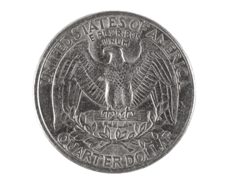 Quarter of dollar, coin isolated on white, clipping path