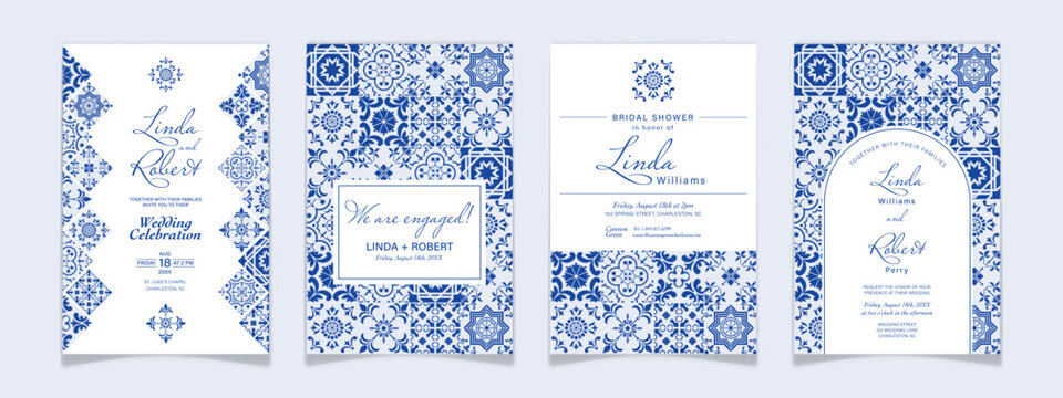 Blue Tile Wedding Invitation, bridal shower vector