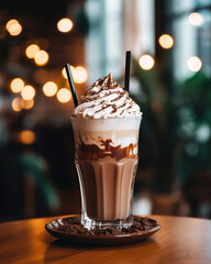 Chocolate milkshake on table in cozy cafe. Vanilla milkshake. Cold drink concept. Sweet milk shake generative ai 