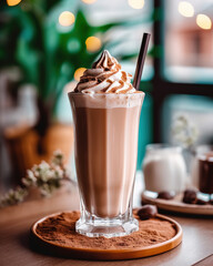 Chocolate milkshake on table in cozy cafe. Vanilla milkshake. Cold drink concept. Sweet milk shake generative ai 