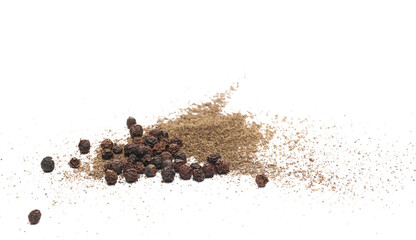 Minced black pepper and grains, ground peppercorn pile isolated on white, side view