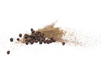 Minced black pepper and grains, ground peppercorn pile isolated on white, side view