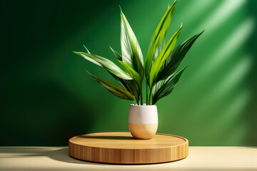 Empty round wooden podium for presentationon on wooden table with potted plant opposite green wall. Show case for natural products. Concept scene stage for montage your products. Generative ai