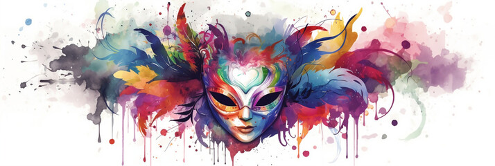 Venetian mask carnival colorful splash art masquerade mardi gras banner on white illustration, banner, generative AI