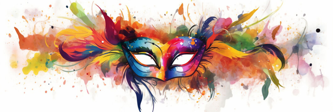 Venetian mask carnival colorful splash art masquerade mardi gras banner on white illustration, banner, generative AI