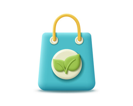 3d eco bag with green leaf sign vector icon. Render green bag for eco-friendly, global warming, recycle, organic and bio concept. 3d rendering realistic plastic bag cartoon illustration