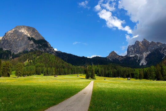 Summer landscape of Vallandro mountain, Durrenstein in the Dolomites, Italy, Europe. Dolomites in summer.	