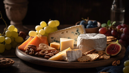A rustic cheese board with a variety of gourmet dairy products generated by AI