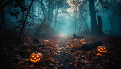 Spooky Halloween night in the dark forest with glowing lanterns generated by AI