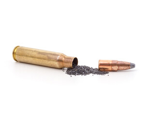 Cartridge case and a pile of gunpowder.