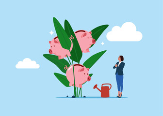 Woman finish watering growing money plant seedling with piggy bank flower. Financial and investment growth, increase earning profit, success in wealth management. Flat vector illustration © Vadym