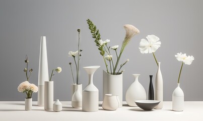  a group of white vases with flowers in them on a white table top with a gray background behind them and a white bowl in the foreground.  generative ai