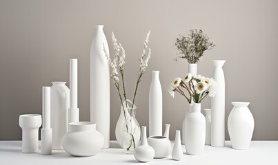  a group of white vases and flowers on a white table top with a gray wall in the background and a few white flowers in the middle of the vases.  generative ai