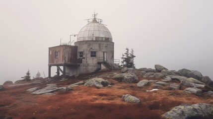 Obraz premium Observatory on a remote mountaintop, now abandoned and engulfed by fog, with broken telescopes and weathered equipment