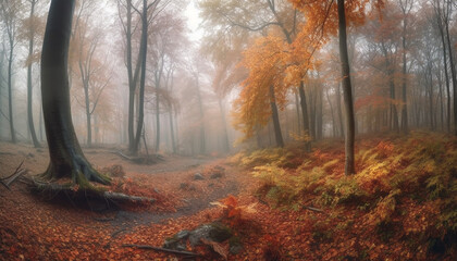 Tranquil autumn forest, mysterious beauty in nature, vibrant multi colored foliage generated by AI