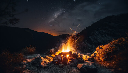 Nighttime campfire glowing in natural beauty of mountain landscape outdoors generated by AI