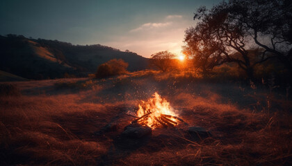 Nature inferno Burning bonfire ignites glowing forest fire at dusk generated by AI