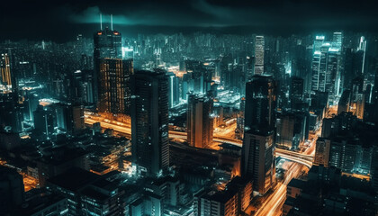 Modern city skyline illuminated by glowing street lights at dusk generated by AI