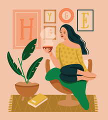 Happy girl in cozy clothes resting in armchair, holding a cup of tea. Hygge design aesthetics. Female character. Flat hand-drawn vector. Interior design in warm tones. 