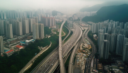 aerial view of highway and high rise building