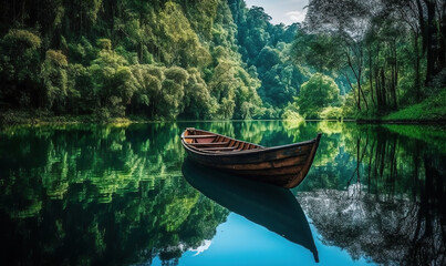 Naklejka na ściany i meble a boat floating on top of a lake next to a lush green forest covered forest filled with lots of trees on a sunny day in the middle of the day. generative ai