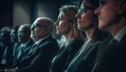 Obraz premium Large group of people in auditorium listening to business presentation generated by AI