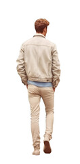 handsome red haired man walking away. wearing a cream jacket and jean pants. Rear view. Transparent PNG 