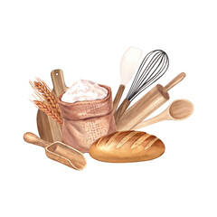 Watercolor composition wheat flour, bread and kitchen tool. Hand-drawn illustration, isolated on white background. Concept for a bakery or cafe, design: restaurant menu element, recipe cooking book