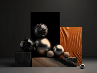 abstract background with balls, black and orange podiums on dark background. ai Generative AI